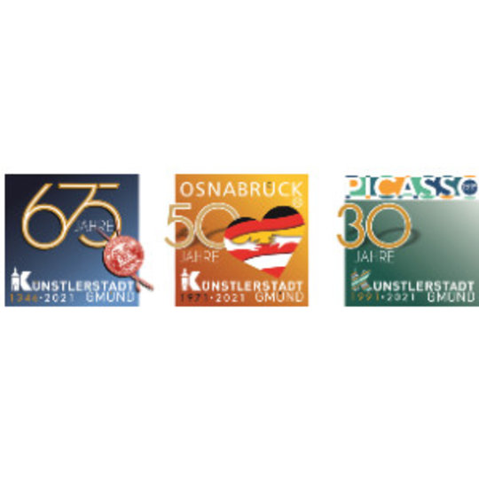 Die drei Logos der Jubiläen. 675 Jahre Stadt Gmünd, 50 Jahre Freundschaftsvertrag mit der Stadt Osnabrück und 30 Jahre Künstlerstadt Gmünd