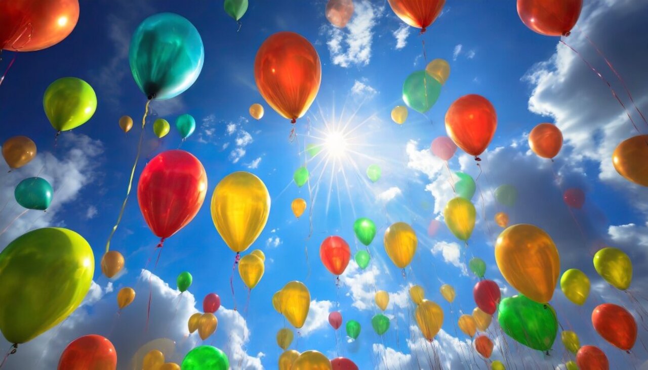 Hunderte bunte Helium Luftballons, welche in den Himmel aufsteigen