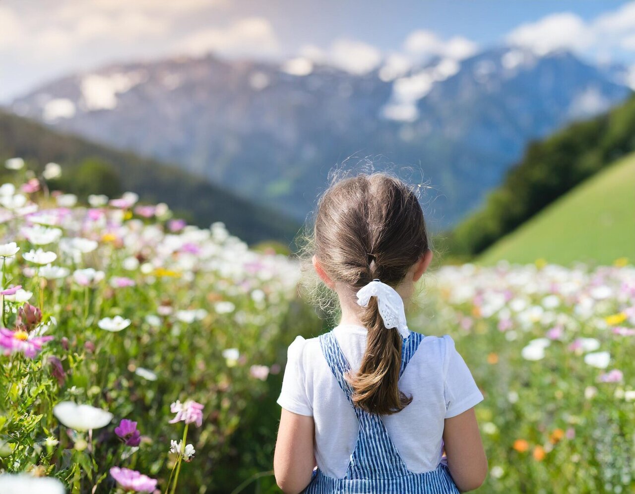 Ein Mädchen von hinten fotografiert, im Hintergrund befindet sich eine wunderschöne Blumen- und Berglandschaft