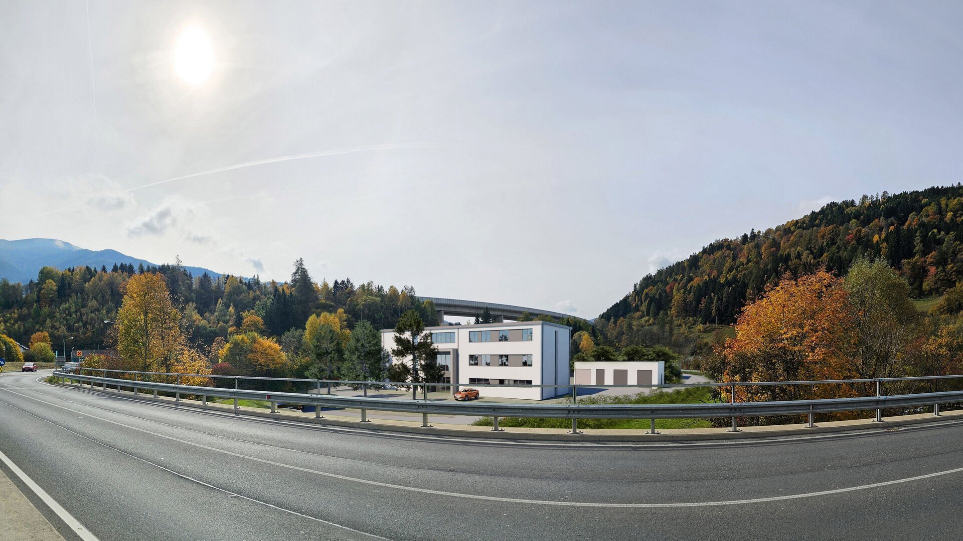 H2 Forschungszentrum nach Abschluss der Baumaßnahmen © DI Helmut Wackenreuther – GEOS Consulting ZT GmbH Das H2 Forschungszentrum nach Abschluss der Baumaßnahmen. Sicht von der Lieser-Brücke. Ein großes modernes Gebäude.
