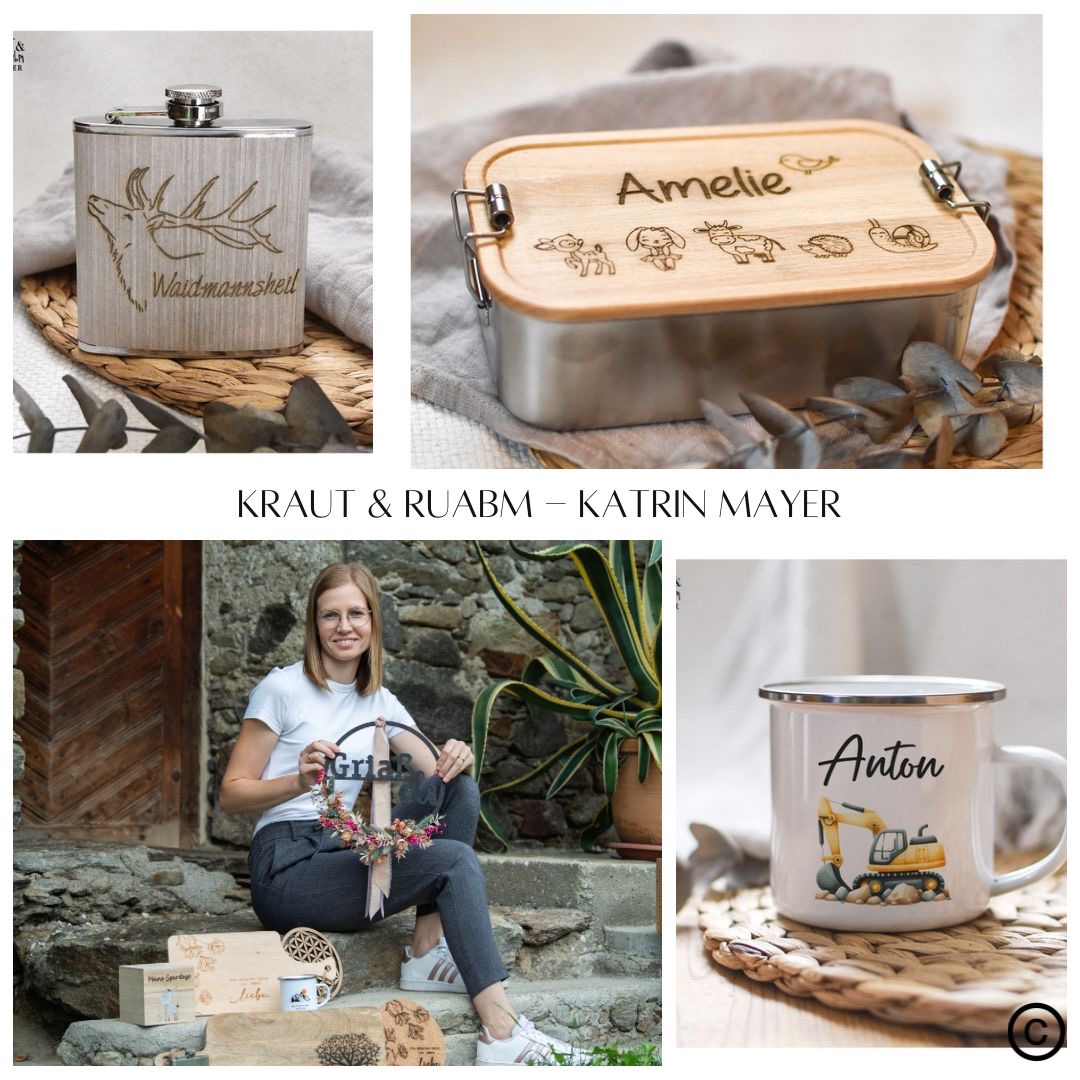 "Kraut & Ruabn" © Katrin Mayer Handwerk von Katrin Mayer: Personaliserte Tasse, Flachmann und Jausendose. Katrin Mayer sitzt auf einer Stiege mit einem Tür Schuld in der Hand.