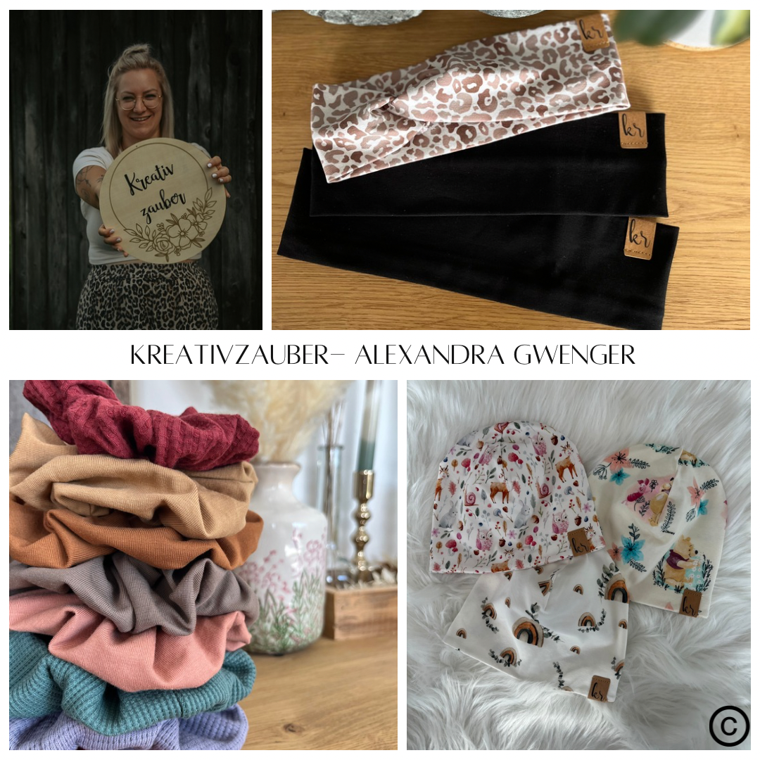 "Kreativzauber" © Alexandra Gwenger Handwerk von Katrin Mayer: Stirnbänder, Scrunchies und Wintermützen in verschiedenen Stoffen und Farben. Alexandra Gwenger mit einem Schild an dem Kreativzauber steht