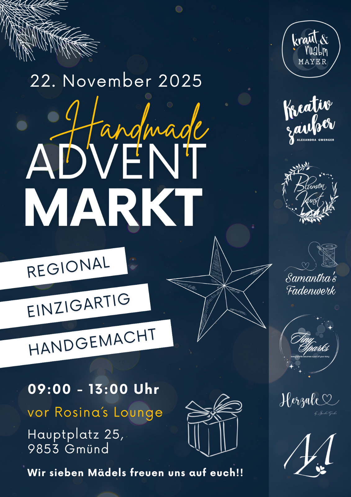 Einladung zum Adventmarkt © Alexandra Gwenger Einladung zum Handmade Adventmarkt, Informationen zum Adventmarkt und allen Ausstellerinnen sowie deren Logos
